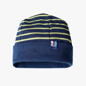 Gestreepte muts met effen band in de kleur Marineblauw - Limegroen