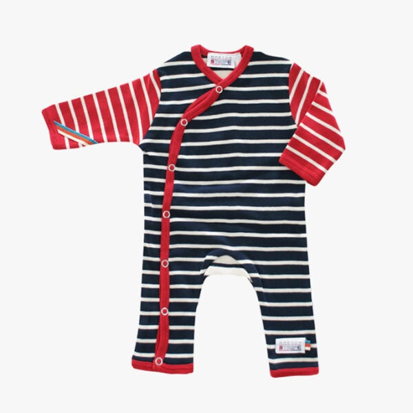 Gestreept kruippakje in de kleuren combi Marineblauw - Naturel - Bordeauxrood