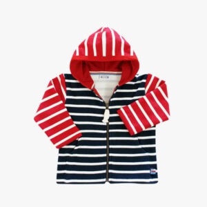 Gestreepte kindervest met hoody in de kleur combi Marineblauw Naturel Bordeauxrood