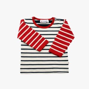 Streepjesshirt met drukknoop in de kleur combi Marineblauw - Naturel - Bordeauxrood