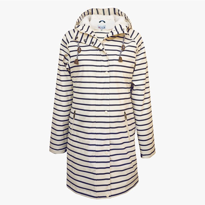 gestreepte regenjas met teddyvoering voor dames naturel marineblauw