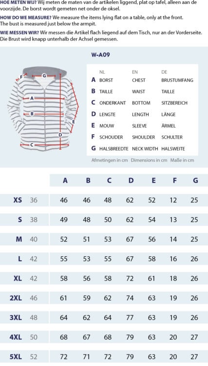 Maattabel Recht vest met capuchon met meetpunten en afmetingen