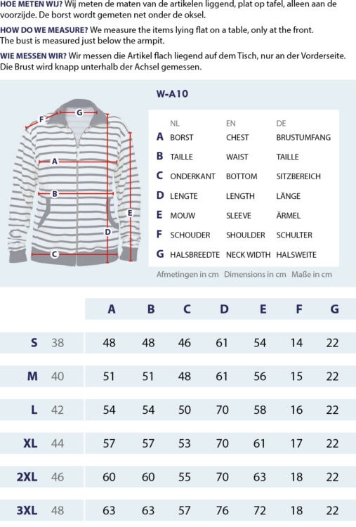 Maattabel Vest met zakken met meetpunten en afmetingen