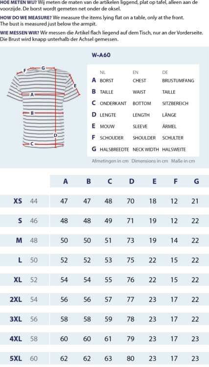 Maattabel Gestreept T-Shirt voor heren met meetpunten en afmetingen
