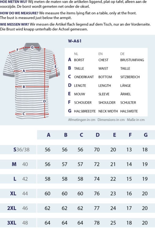 Maattabel Poloshirt piqu&eacute; met meetpunten en afmetingen