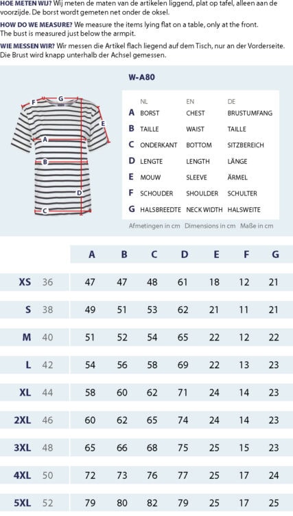 Maattabel Gestreept T-Shirt voor dames met meetpunten en afmetingen