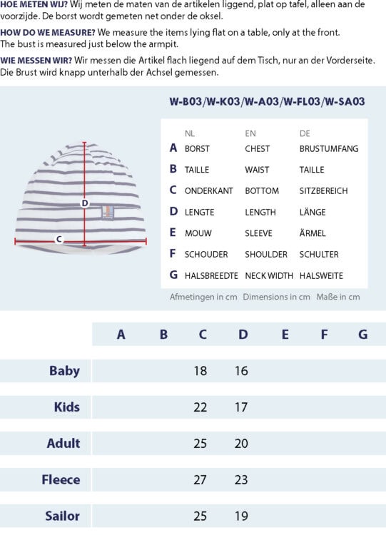 Maattabel Muts met meetpunten en afmetingen