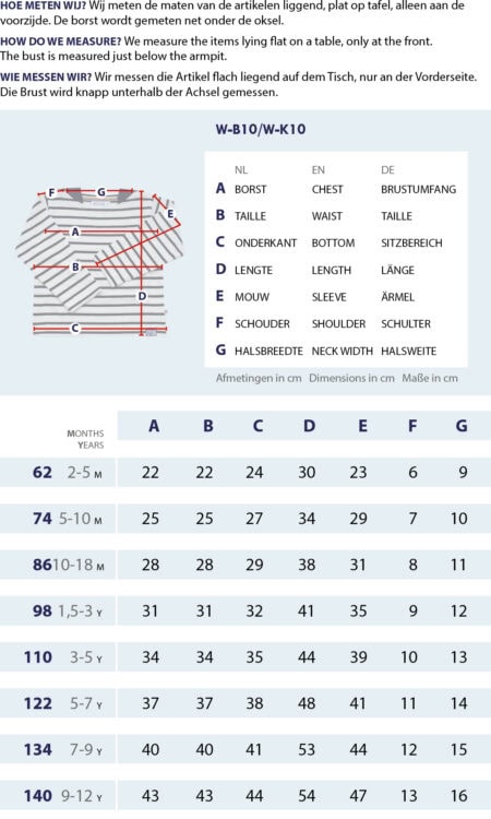 Maattabel Klassieke Bretonse shirt kinderen en babys met meetpunten en afmetingen