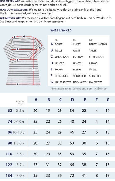 Maattabel dames gestreepte kinder jurk met meetpunten en afmetingen