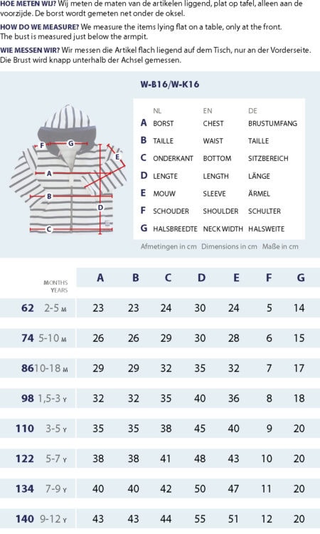 Maattabel kindervest met meetpunten en afmetingen