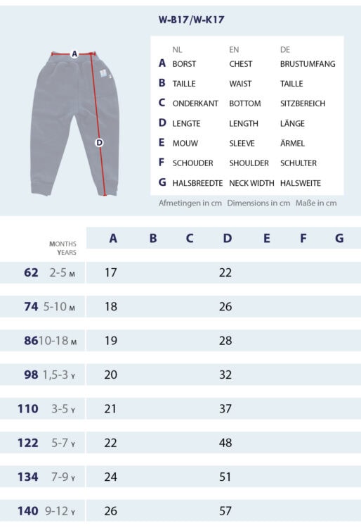 Maattabel Joggingbroek voor kinderen en babys met meetpunten en afmetingen