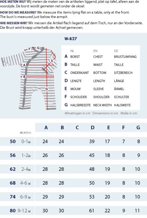 Maattabel dames gestreepte kruippakje met meetpunten en afmetingen