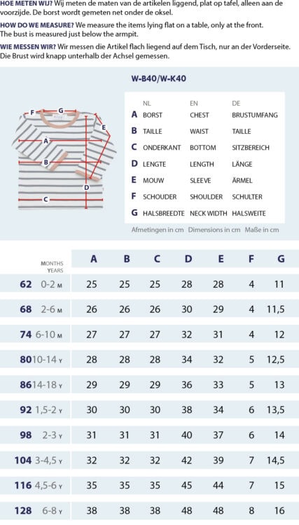 Maattabel Streepjesshirt met drukknoop met meetpunten en afmetingen