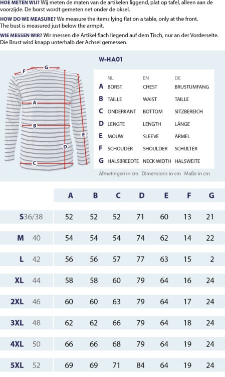 Maattabel Klassieke Bretonse shirt voor mannen met meetpunten en afmetingen