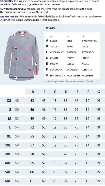 Maattabel Authentieke Caban Herenjas met meetpunten en afmetingen