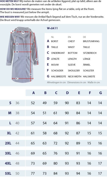 Maattabel Regenjas met streepjesvoering met meetpunten en afmetingen