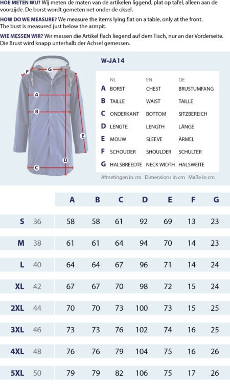 Maattabel Regenjas teddyvoering met meetpunten en afmetingen