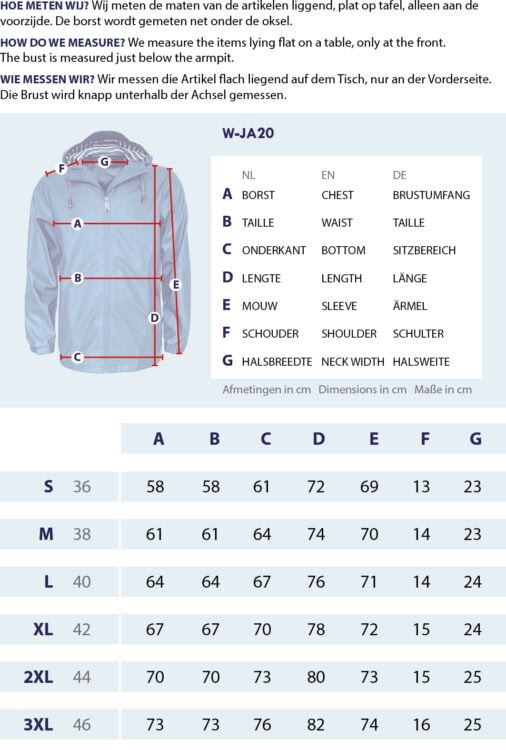 Maattabel Windjack kort met streepvoering met meetpunten en afmetingen