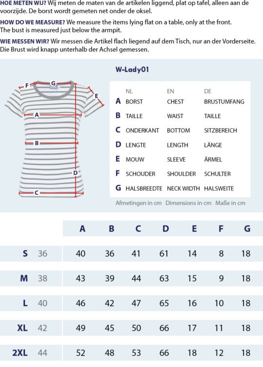 Maattabel Streepjesshirt korte mouw met meetpunten en afmetingen