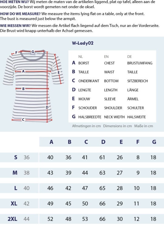 Maattabel Streepjesshirt halve mouw met meetpunten en afmetingen