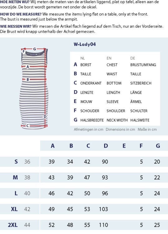 Maattabel dames gestreepte singlet jurk met meetpunten en afmetingen