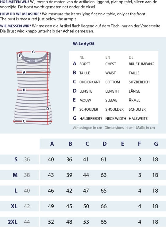 Maattabel Streepjes singlet met meetpunten en afmetingen