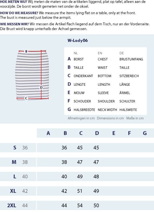 Maattabel dames gestreepte rok met meetpunten en afmetingen