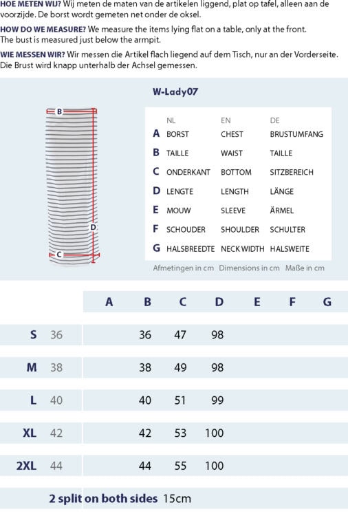 Maattabel dames gestreepte lange rok met meetpunten en afmetingen