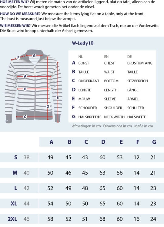Maattabel Damesvest met kraag met meetpunten en afmetingen