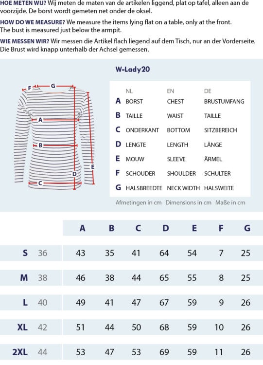 Maattabel Nautisch lady shirt met meetpunten en afmetingen