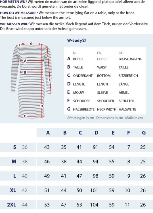 Maattabel Jurk boothals lange mouw met meetpunten en afmetingen