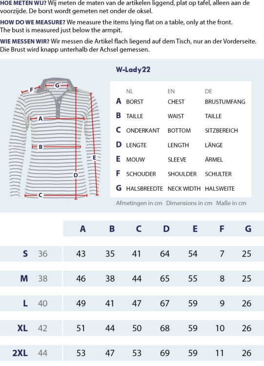 Maattabel Poloshirt lange mouw met meetpunten en afmetingen