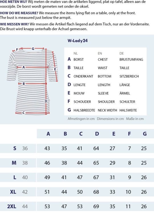 Maattabel Ladyshirt boothals halve mouw met meetpunten en afmetingen