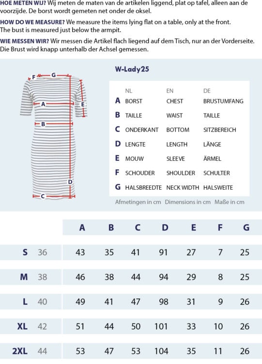 Maattabel Jurk boothals halve mouw met meetpunten en afmetingen