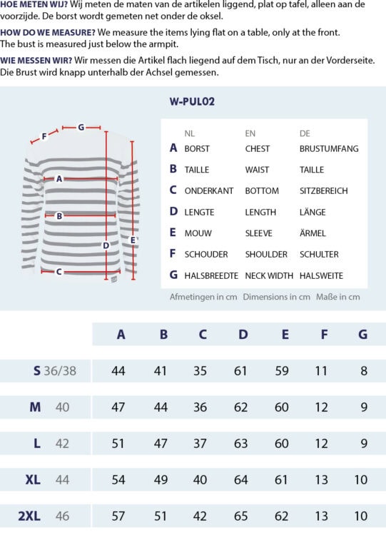 Maattabel Streepjestrui voor dames met meetpunten en afmetingen