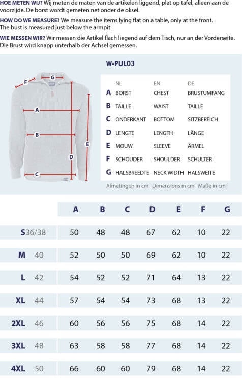 Maattabel Schipperstrui met meetpunten en afmetingen