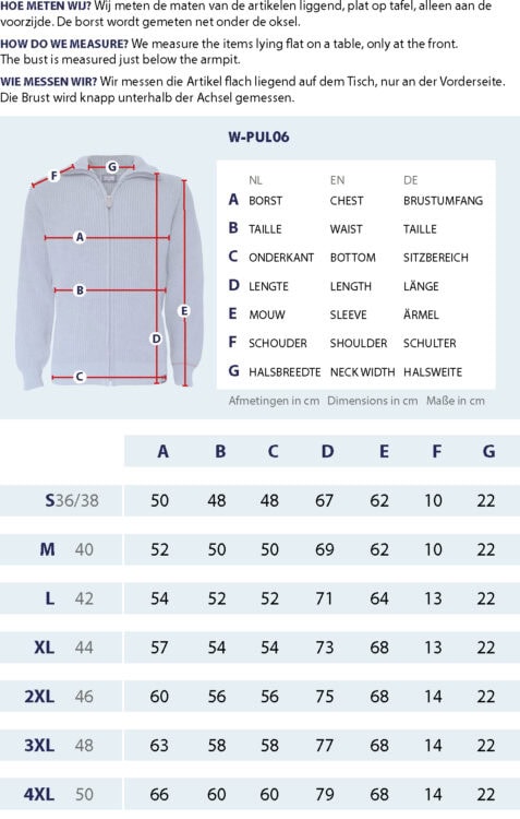 Maattabel Schippersvest met meetpunten en afmetingen
